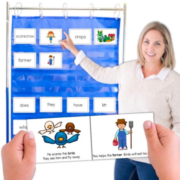 teacher teaching fall vocabulary in pocket chart